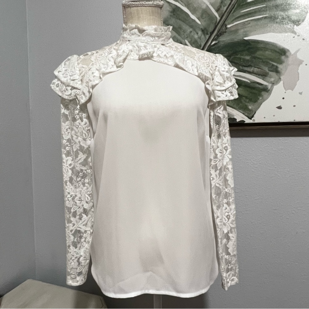 White Lace Ruffled long sleeves mock neck Size M